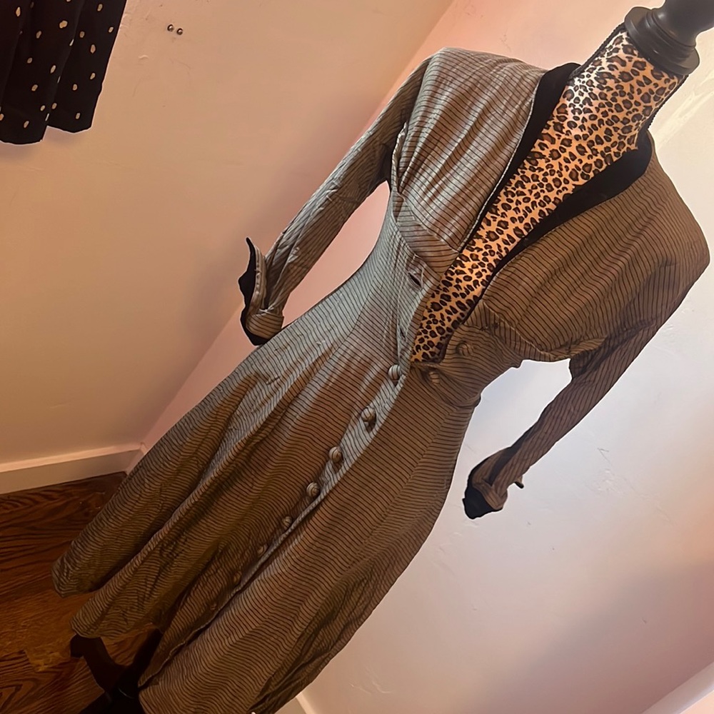 Vintage gray and black striped dress with velvet detail